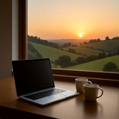 Laptop and Coffee Cups by Sunset Window
