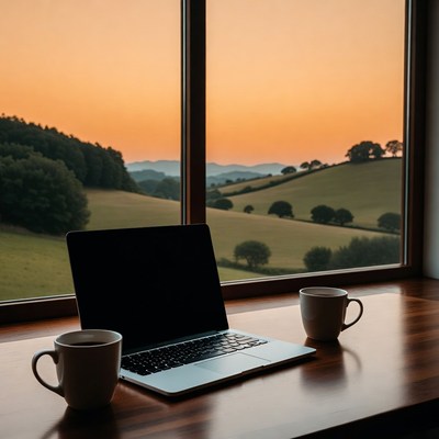 Laptop and Coffee on Desk by Sunset Landscape Window