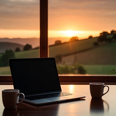 Laptop and Coffee at Sunset View