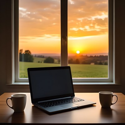 Laptop and Coffee by Sunset Window