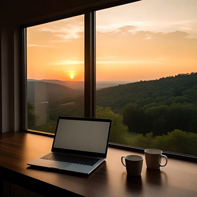 Laptop and Coffee by Sunset Window View