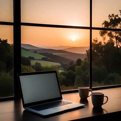 Laptop and Coffee by Sunset Window View