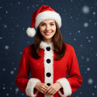 Smiling woman in Santa hat and coat