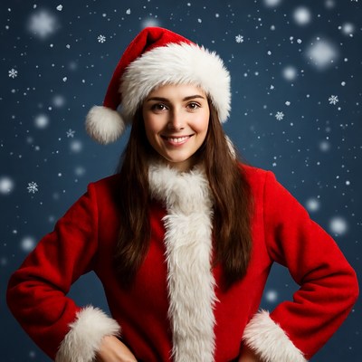 Smiling woman in Santa hat and coat
