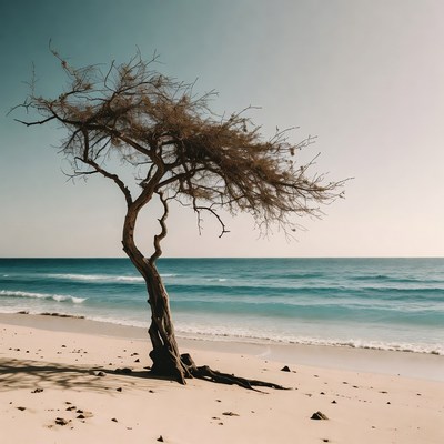 Lonely tree on beach by ocean