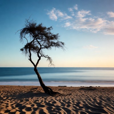 Solitary Tree on Beach at Sunset