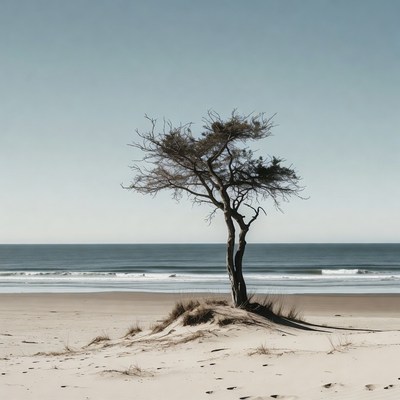 Lonely Tree on Beach with Ocean Waves