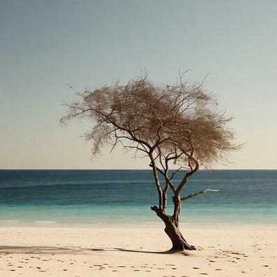 Lonely Tree on Beach by Ocean