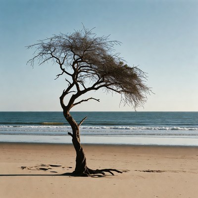 Lonely tree on beach by ocean