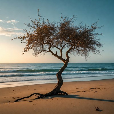 Lonely tree on beach at sunset
