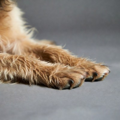Golden Retriever paws on gray background