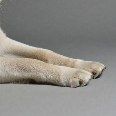 Cream-colored cat paws on gray background