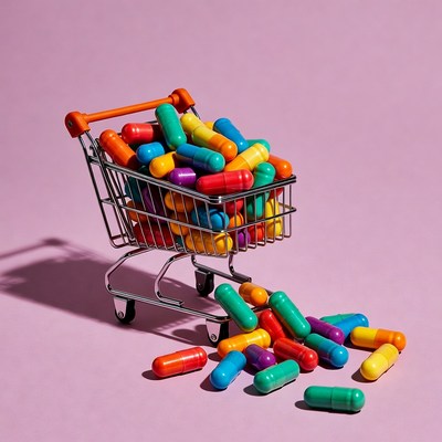 Shopping Cart Filled with Colorful Pills