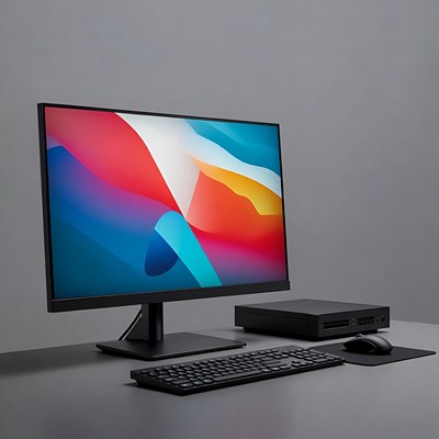 MacBook Pro monitor with keyboard and mouse