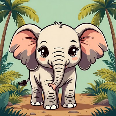 Cute baby elephant with palm trees