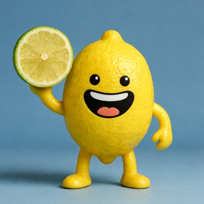Happy anthropomorphic lemon holding lime slice