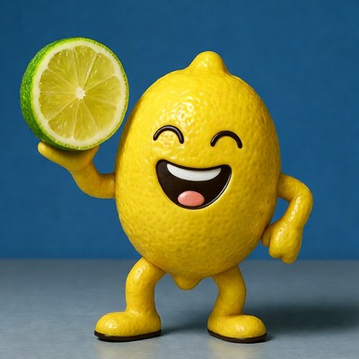 Happy anthropomorphic lemon holding lime slice