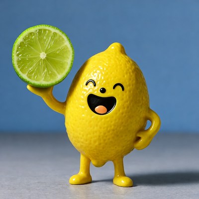 Smiling cartoon lemon holding lime