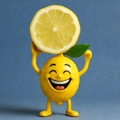 Happy cartoon lemon holding lemon slice