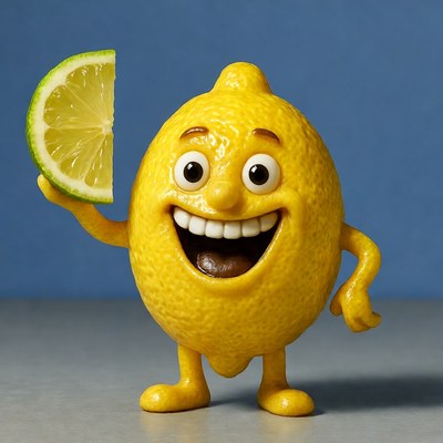Cartoon Lemon Holding Lime Slice