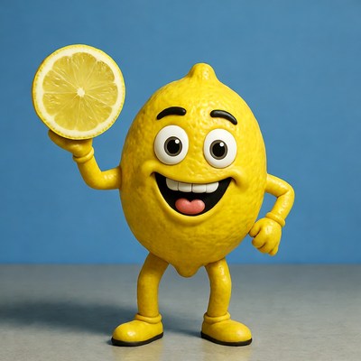 Smiling cartoon lemon holding lemon slice