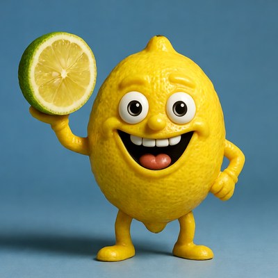 Happy cartoon lemon holding lime