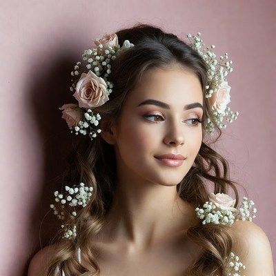 Woman with baby pink rose flower crown