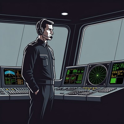 Man standing at ship bridge console