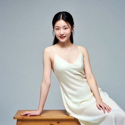 Asian woman in white slip dress