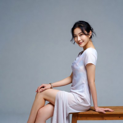 Asian woman sitting on wooden bench
