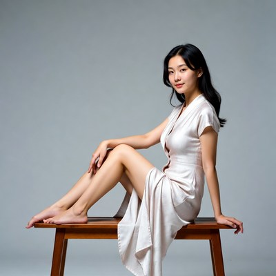 Asian woman sitting on wooden bench