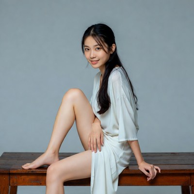 Asian woman sitting on wooden bench