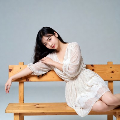 Asian woman sitting on wooden bench