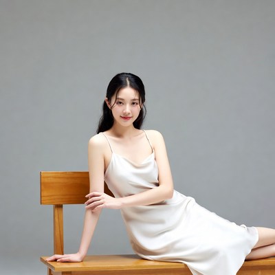 Asian woman in silk dress on bench