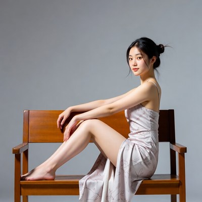 Asian woman sitting on wooden bench