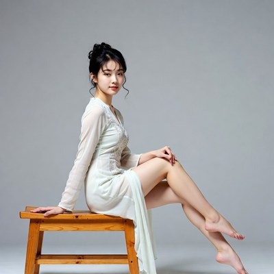 Asian woman sitting on wooden bench