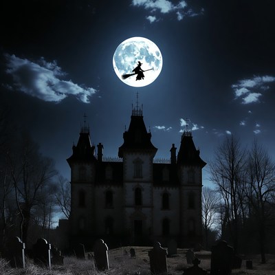 Witch Flying over Haunted Castle