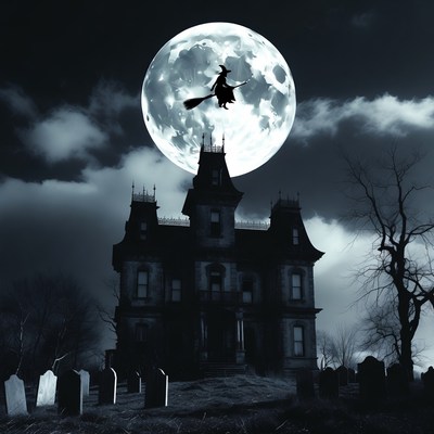 Witch Flying Over Haunted Mansion
