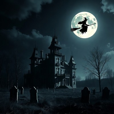 Witch flying over haunted mansion