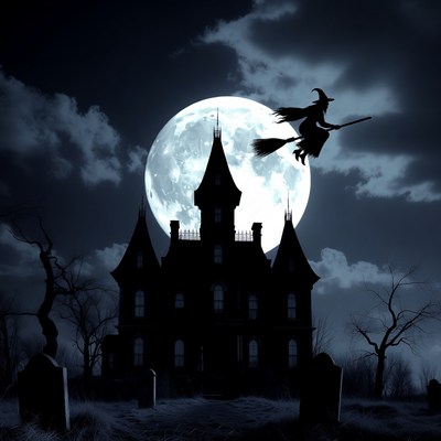 Witch Flying over Haunted Castle