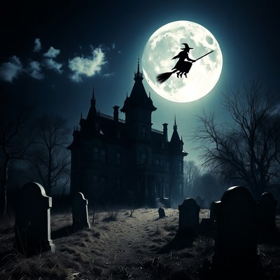 Witch Flying Over Haunted Castle Moon