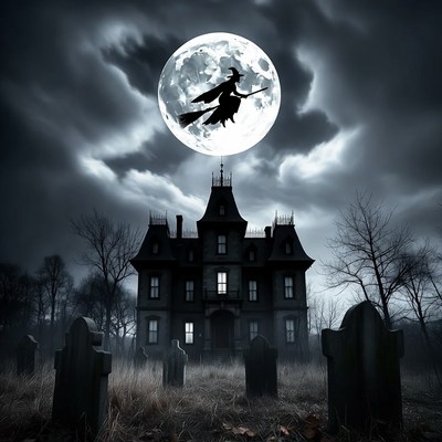 Witch Flying Over Haunted Mansion
