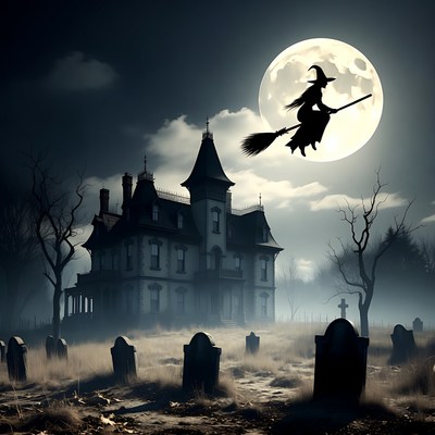 Silhouette Witch Flying over Haunted House