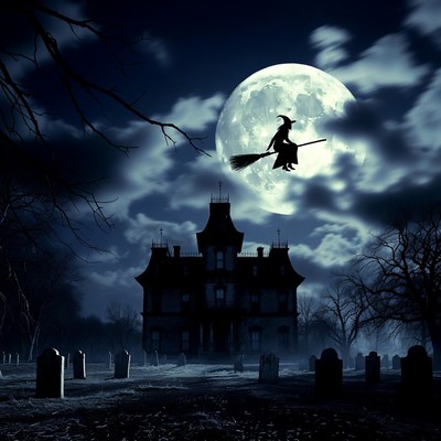 Witch Flying Broomstick over Haunted House