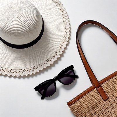 White Straw Hat with Sunglasses and Bag