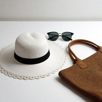 White straw hat and brown beach bag