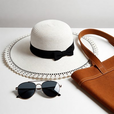 White Straw Hat with Sunglasses and Tote