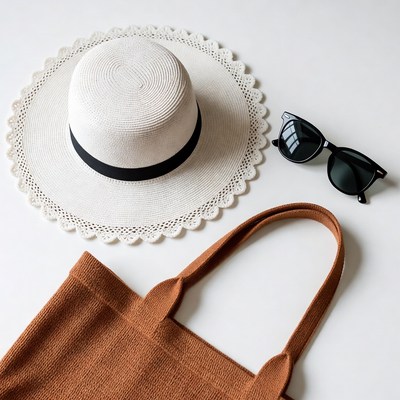 White Straw Hat with Sunglasses and Tote Bag
