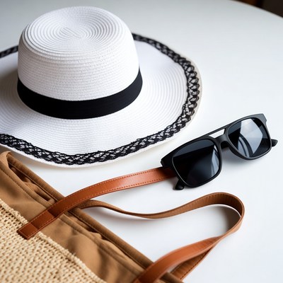 White straw hat sunglasses tote bag