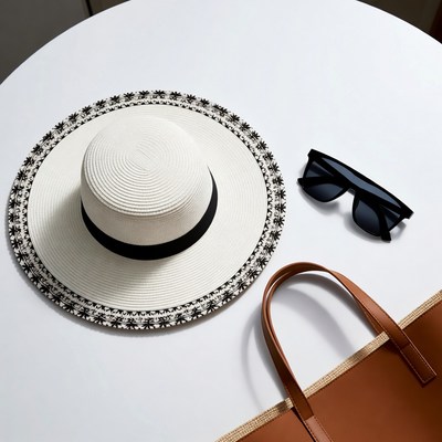 White straw hat sunglasses leather bag